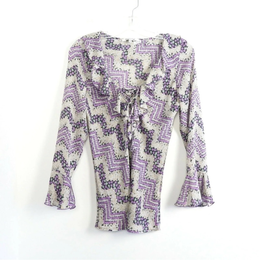 Abstract lilac print ruffle top chiffon blouse romantic boho flutter 70s retro